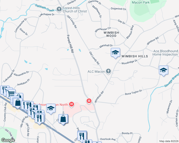map of restaurants, bars, coffee shops, grocery stores, and more near 125 North Laura Ann Court in Macon