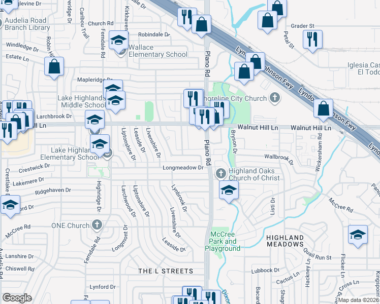 map of restaurants, bars, coffee shops, grocery stores, and more near 10635 Larchfield Lane in Dallas