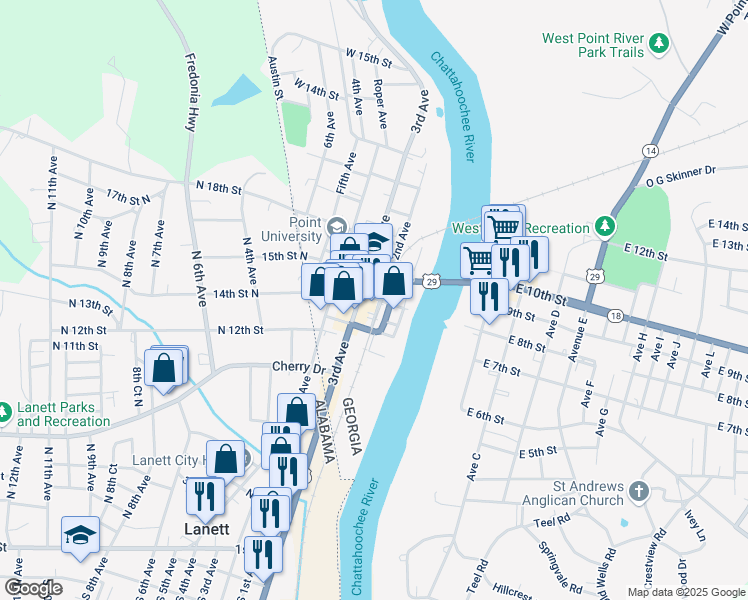 map of restaurants, bars, coffee shops, grocery stores, and more near 309 West 8th Street in West Point