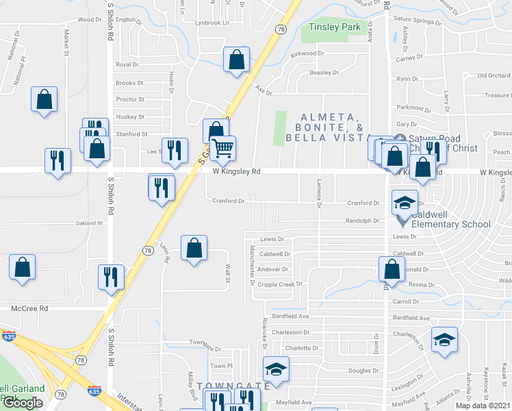 map of restaurants, bars, coffee shops, grocery stores, and more near 2010 Cranford Drive in Garland