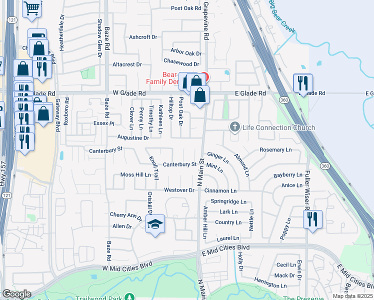 map of restaurants, bars, coffee shops, grocery stores, and more near 2805 London Court in Euless