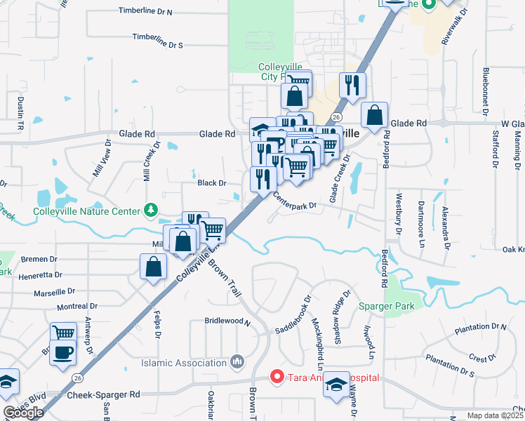map of restaurants, bars, coffee shops, grocery stores, and more near 4603 Colleyville Boulevard in Colleyville