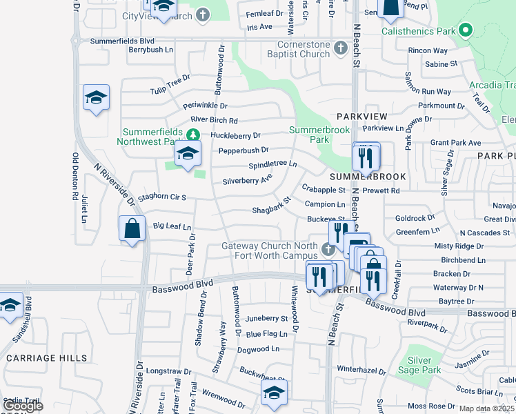 map of restaurants, bars, coffee shops, grocery stores, and more near 4101 Shagbark Street in Fort Worth