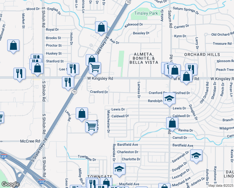map of restaurants, bars, coffee shops, grocery stores, and more near 1920 Cranford Drive in Garland