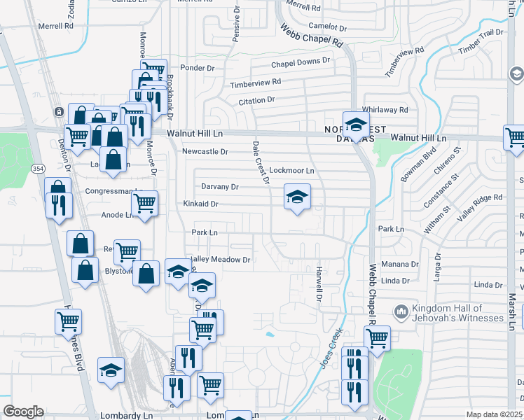 map of restaurants, bars, coffee shops, grocery stores, and more near 3150 Kinkaid Drive in Dallas