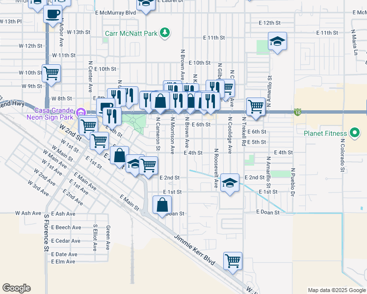 map of restaurants, bars, coffee shops, grocery stores, and more near 409 North Brown Avenue in Casa Grande