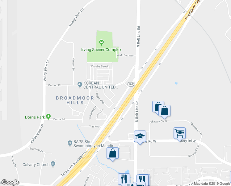 map of restaurants, bars, coffee shops, grocery stores, and more near 12 Province Place in Irving
