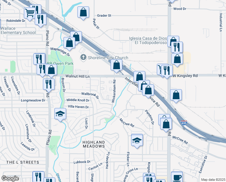 map of restaurants, bars, coffee shops, grocery stores, and more near 9603 Wickersham Road in Dallas