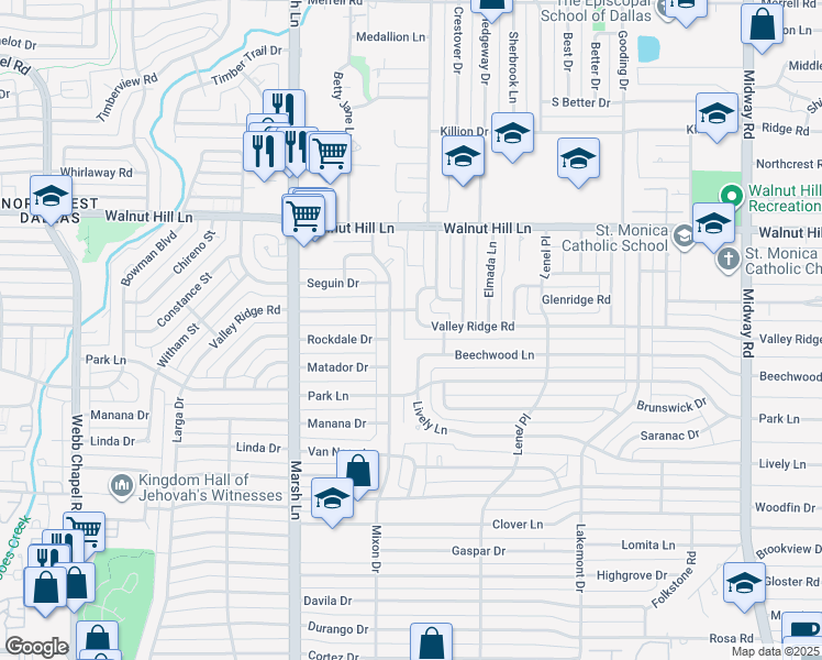 map of restaurants, bars, coffee shops, grocery stores, and more near 9908 Mixon Drive in Dallas