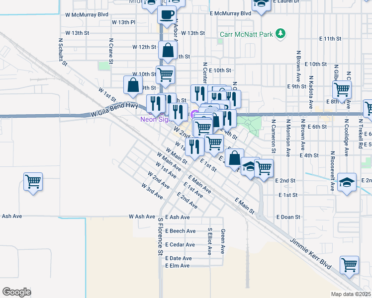 map of restaurants, bars, coffee shops, grocery stores, and more near 202 West 1st Street in Eloy