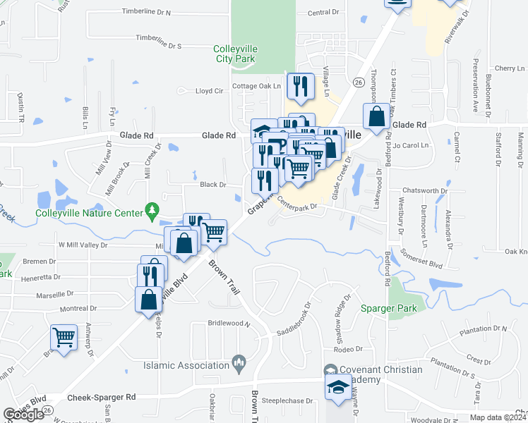 map of restaurants, bars, coffee shops, grocery stores, and more near 4603 Colleyville Boulevard in Colleyville