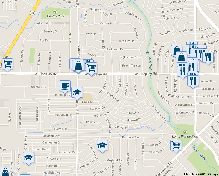 map of restaurants, bars, coffee shops, grocery stores, and more near 3217 Old Orchard Road in Garland