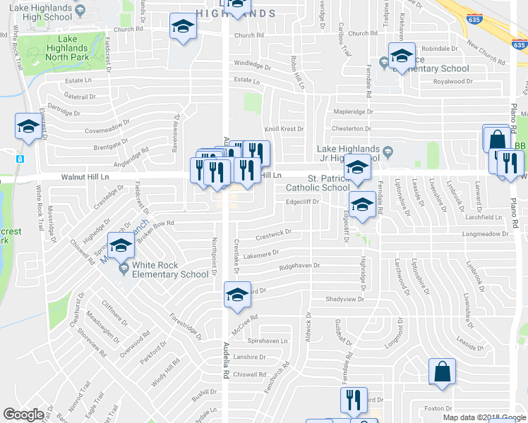 map of restaurants, bars, coffee shops, grocery stores, and more near 9859 Broken Bow Road in Dallas