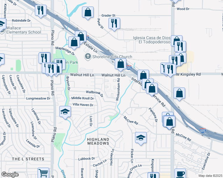 map of restaurants, bars, coffee shops, grocery stores, and more near 9607 Wickersham Road in Dallas
