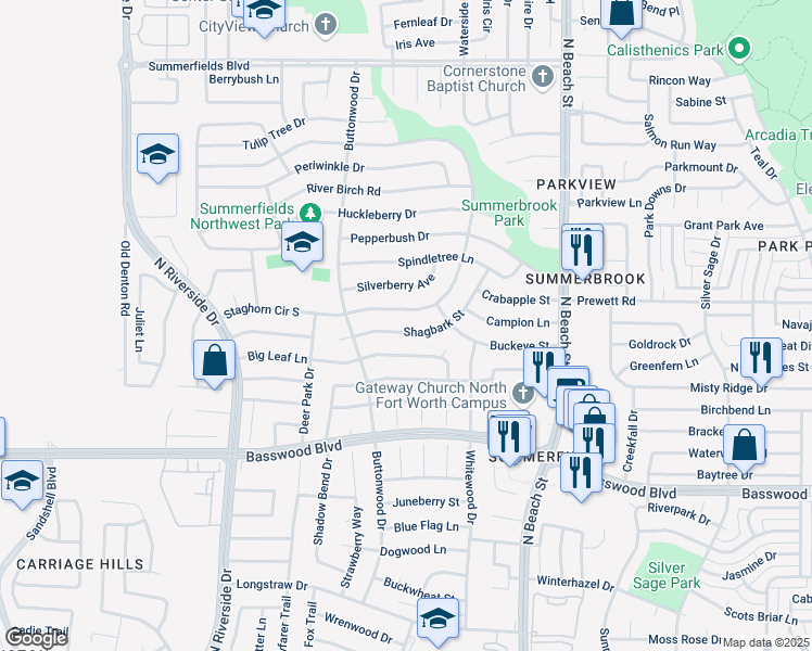map of restaurants, bars, coffee shops, grocery stores, and more near 4101 Shagbark Street in Fort Worth