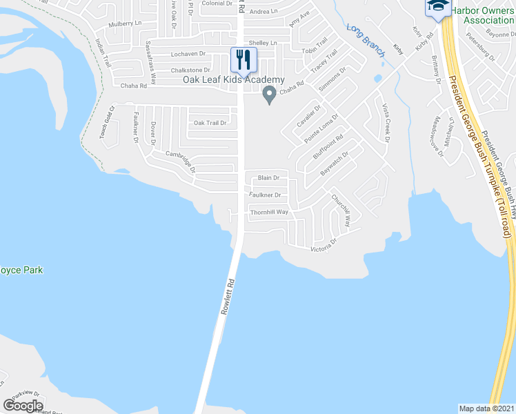 map of restaurants, bars, coffee shops, grocery stores, and more near 3601 Thornhill Way in Rowlett