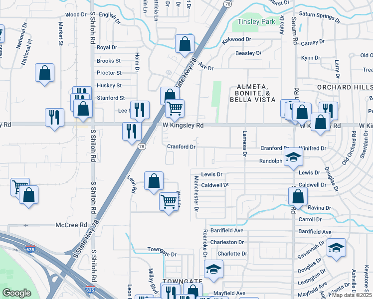 map of restaurants, bars, coffee shops, grocery stores, and more near 2010 Cranford Drive in Garland