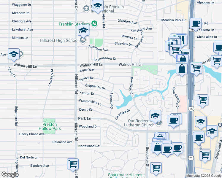 map of restaurants, bars, coffee shops, grocery stores, and more near 7131 Chipperton Drive in Dallas