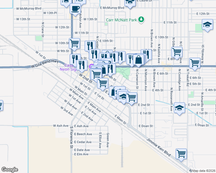 map of restaurants, bars, coffee shops, grocery stores, and more near 319 North Marshall Street in Casa Grande