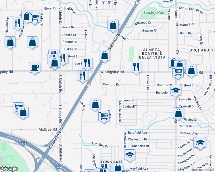 map of restaurants, bars, coffee shops, grocery stores, and more near 2126 Cranford Drive in Garland