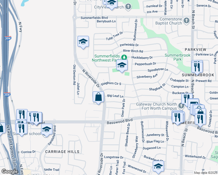 map of restaurants, bars, coffee shops, grocery stores, and more near 3717 Flintwood Trail in Fort Worth