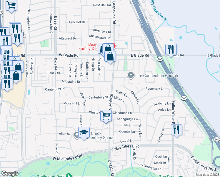 map of restaurants, bars, coffee shops, grocery stores, and more near 2806 Newkirk Court in Euless