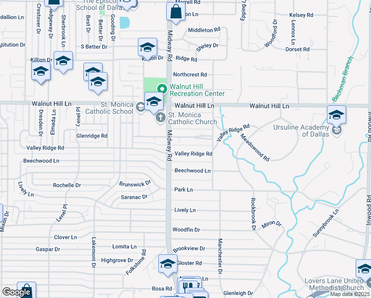 map of restaurants, bars, coffee shops, grocery stores, and more near 4231 Valley Ridge Road in Dallas