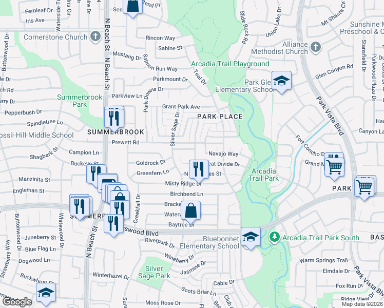 map of restaurants, bars, coffee shops, grocery stores, and more near 7663 Beaver Head Road in Fort Worth