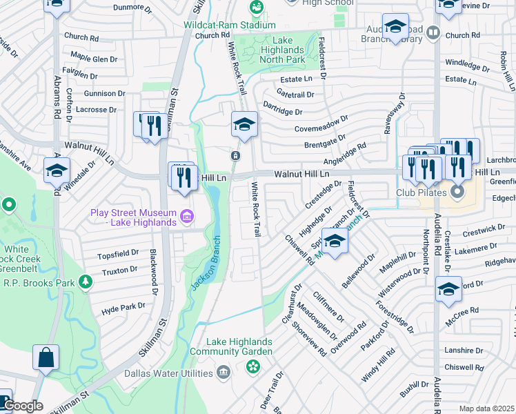 map of restaurants, bars, coffee shops, grocery stores, and more near White Rock Trail in Dallas