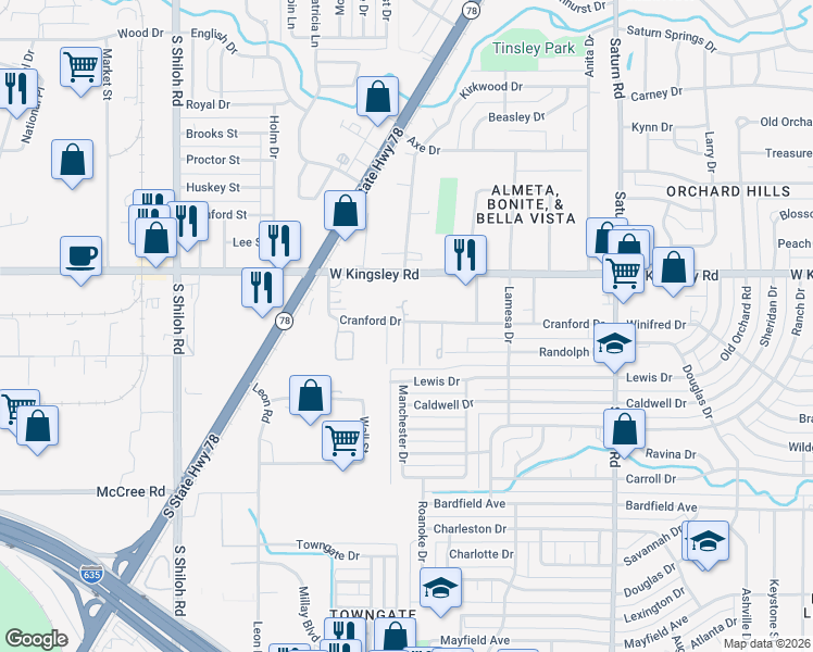 map of restaurants, bars, coffee shops, grocery stores, and more near 2010 Cranford Drive in Garland