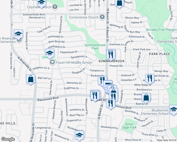 map of restaurants, bars, coffee shops, grocery stores, and more near 4212 Campion Lane in Fort Worth