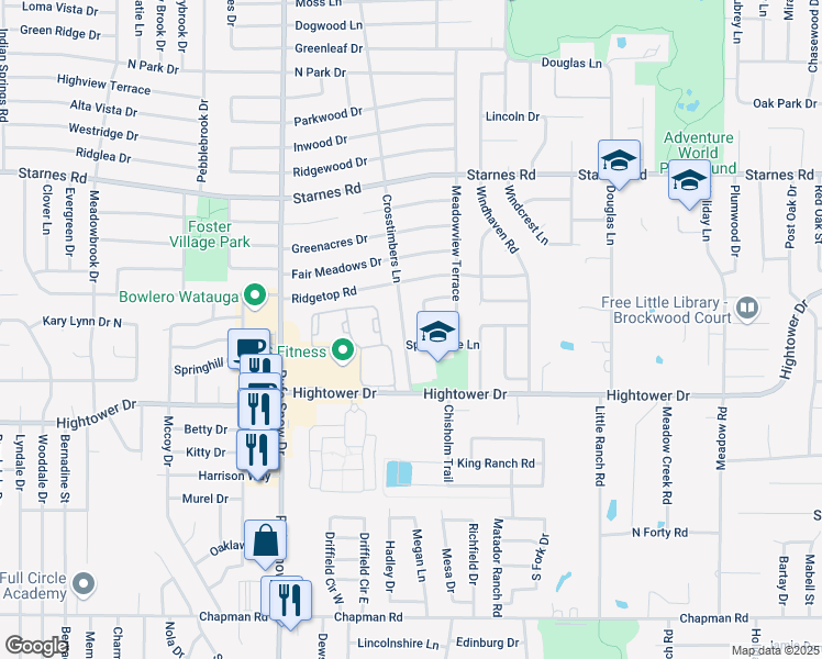 map of restaurants, bars, coffee shops, grocery stores, and more near 7030 Crosstimbers Lane in North Richland Hills