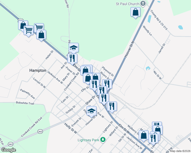 map of restaurants, bars, coffee shops, grocery stores, and more near 401-499 County Road S-25-123 in Hampton