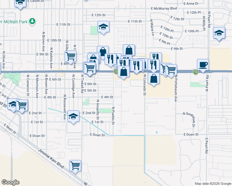 map of restaurants, bars, coffee shops, grocery stores, and more near 451 North Pueblo Drive in Casa Grande