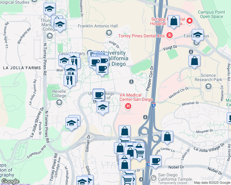 map of restaurants, bars, coffee shops, grocery stores, and more near 9500 Gilman Drive in San Diego