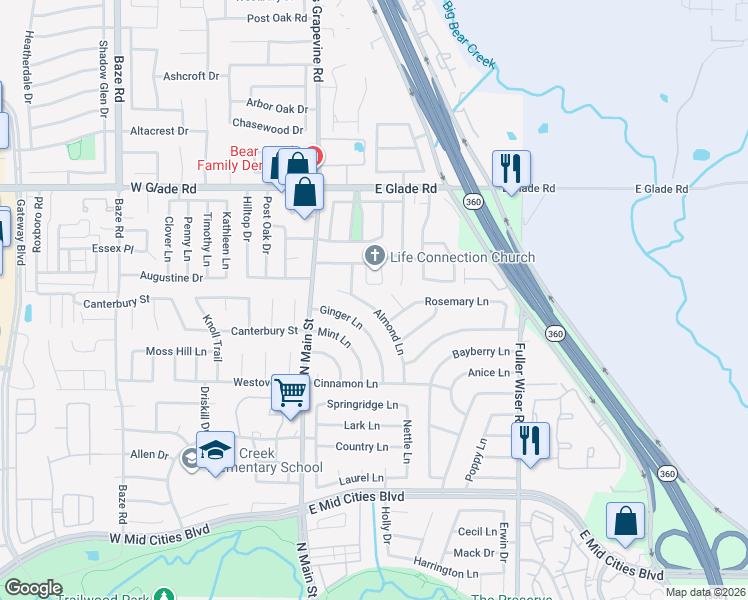 map of restaurants, bars, coffee shops, grocery stores, and more near 207 Almond Lane in Euless