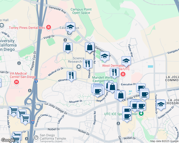 map of restaurants, bars, coffee shops, grocery stores, and more near 9310 Athena Circle in San Diego