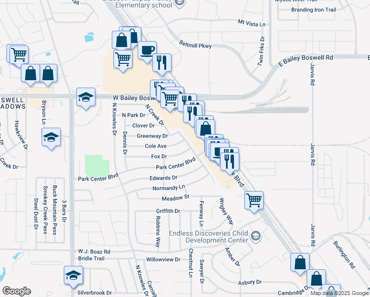 map of restaurants, bars, coffee shops, grocery stores, and more near 404 Fox Drive in Saginaw