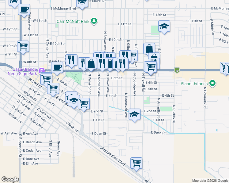 map of restaurants, bars, coffee shops, grocery stores, and more near 411 North Lincoln Avenue in Casa Grande