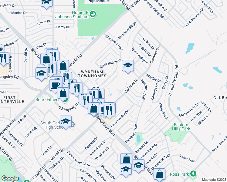 map of restaurants, bars, coffee shops, grocery stores, and more near 1245 Colonel Drive in Garland