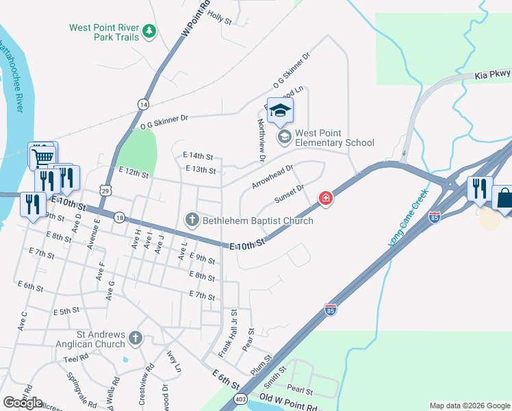 map of restaurants, bars, coffee shops, grocery stores, and more near 105 Sunset Drive in West Point