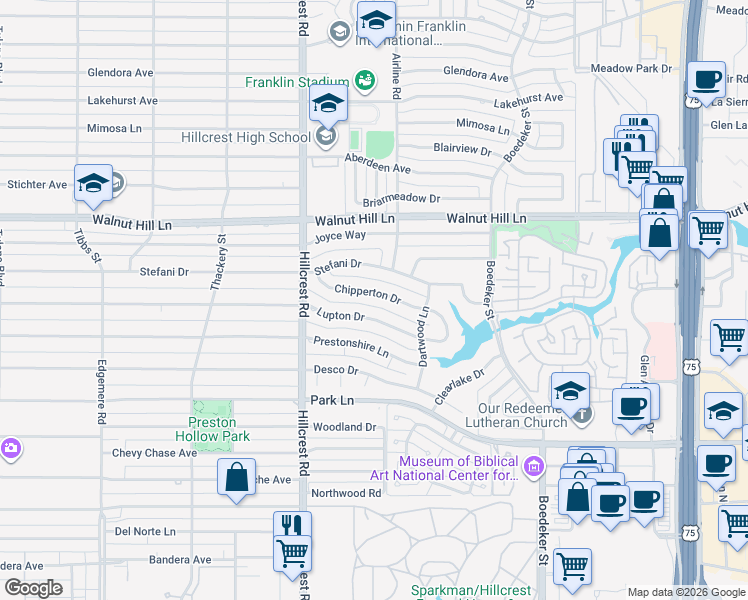 map of restaurants, bars, coffee shops, grocery stores, and more near 7110 Chipperton Drive in Dallas