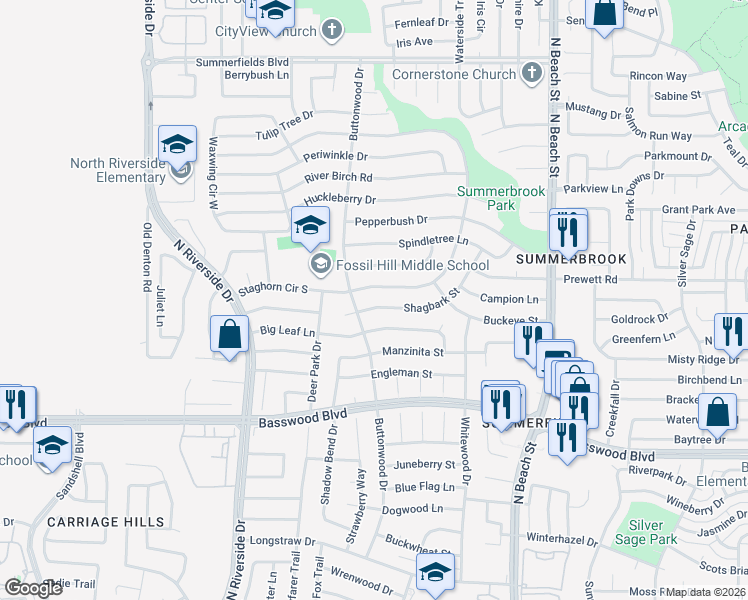 map of restaurants, bars, coffee shops, grocery stores, and more near 4013 Shagbark Street in Fort Worth