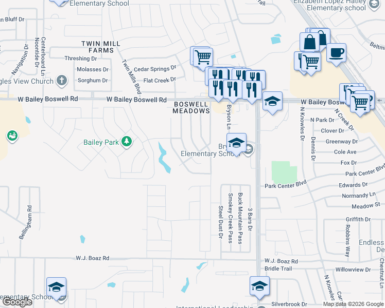 map of restaurants, bars, coffee shops, grocery stores, and more near 8500 Star Thistle Drive in Fort Worth