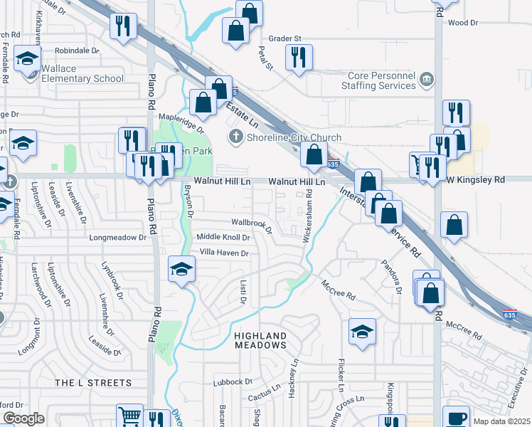 map of restaurants, bars, coffee shops, grocery stores, and more near 9608 Rolling Rock Lane in Dallas
