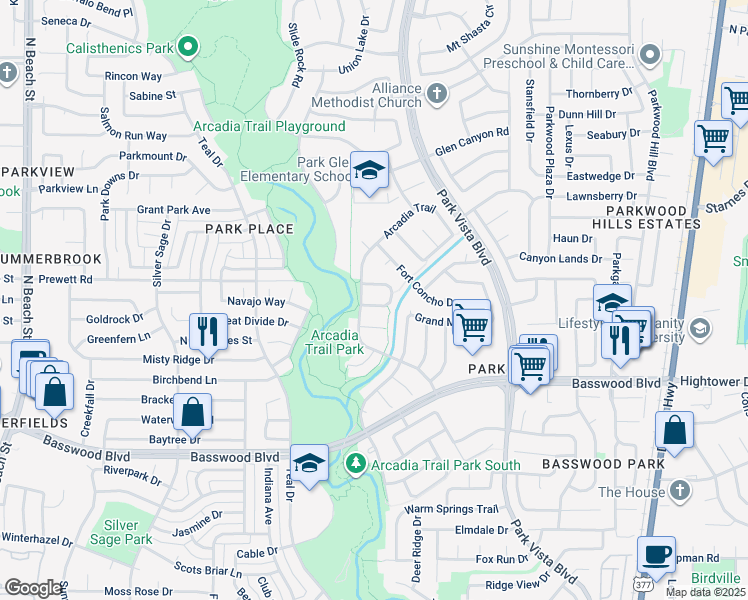 map of restaurants, bars, coffee shops, grocery stores, and more near 5105 Broken Bow Drive in Fort Worth