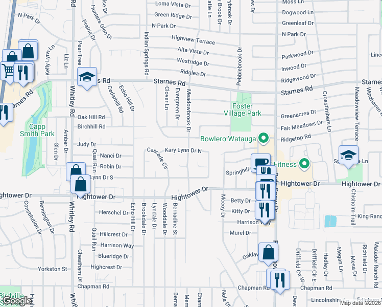 map of restaurants, bars, coffee shops, grocery stores, and more near 7316 Meadowbrook Drive in Watauga