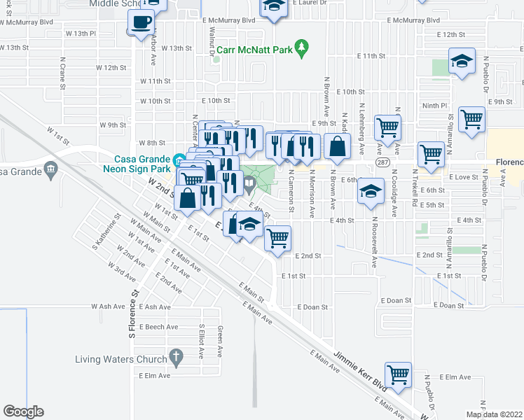 map of restaurants, bars, coffee shops, grocery stores, and more near 406 East 4th Street in Casa Grande