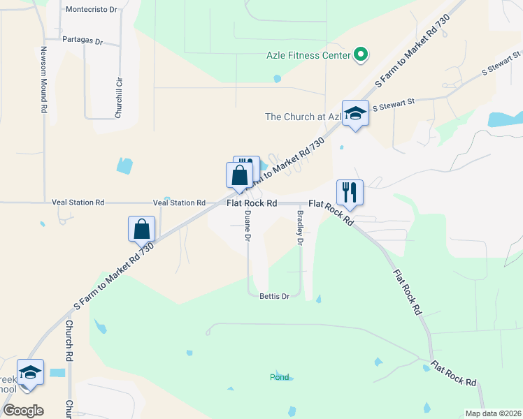 map of restaurants, bars, coffee shops, grocery stores, and more near 1001 Duane Dr in Azle