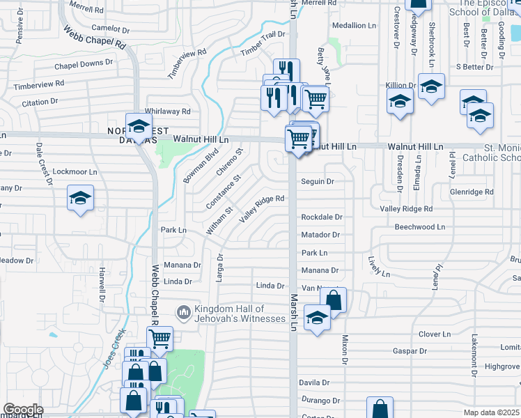 map of restaurants, bars, coffee shops, grocery stores, and more near 3622 Valley Ridge Road in Dallas